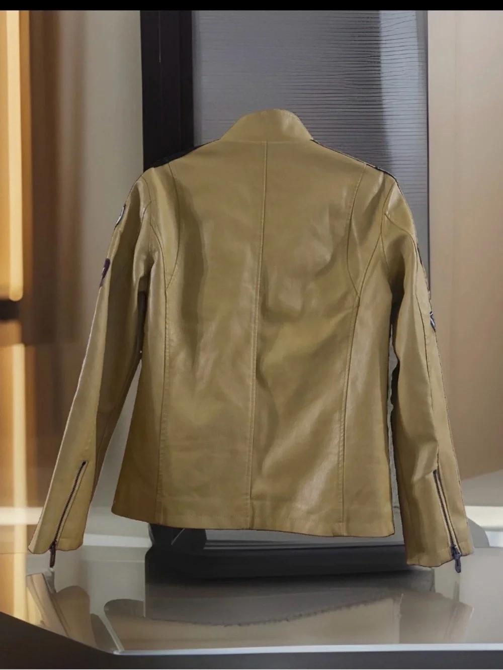 Racing-Inspired Mustard Yellow Leather Bomber Jacket with White Stripes